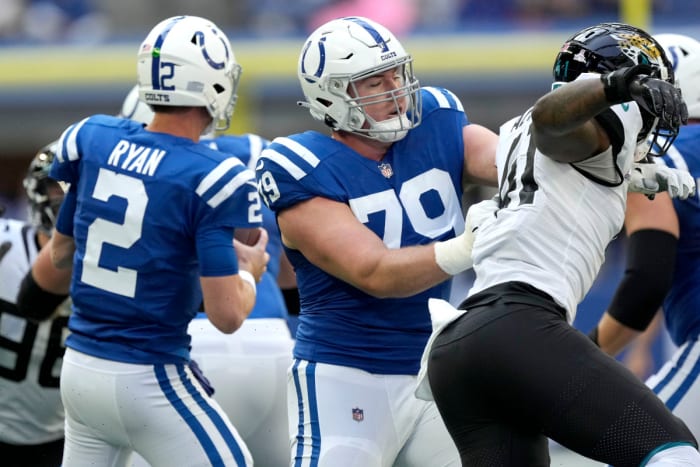 Oct 16, 2022; Indianapolis, Indiana, USA; Indianapolis Colts offensive tackle Bernhard Raimann (79) blocks Jacksonville Jaguars linebacker Josh Allen (41) during the first half at Lucas Oil Stadium.